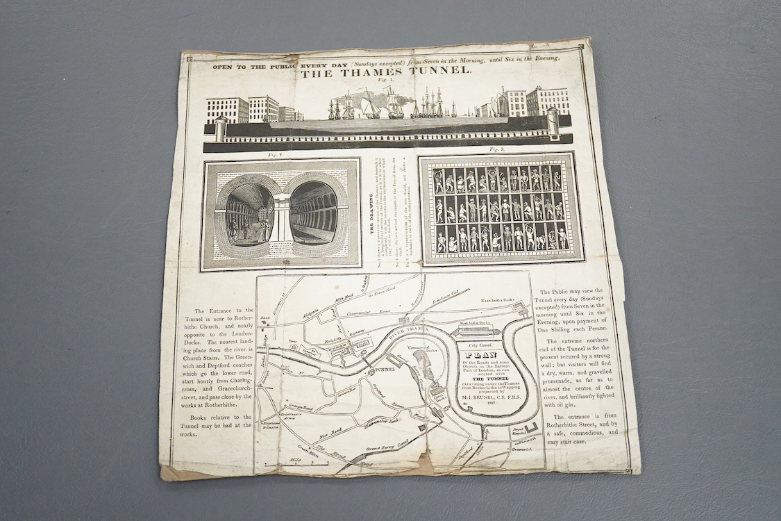 The Thames Tunnel advertising flyer showing the plans of Marc Brunel, dated 1827, the edges roughly cut and later pasted onto brown paper, 26 x 25.5cm